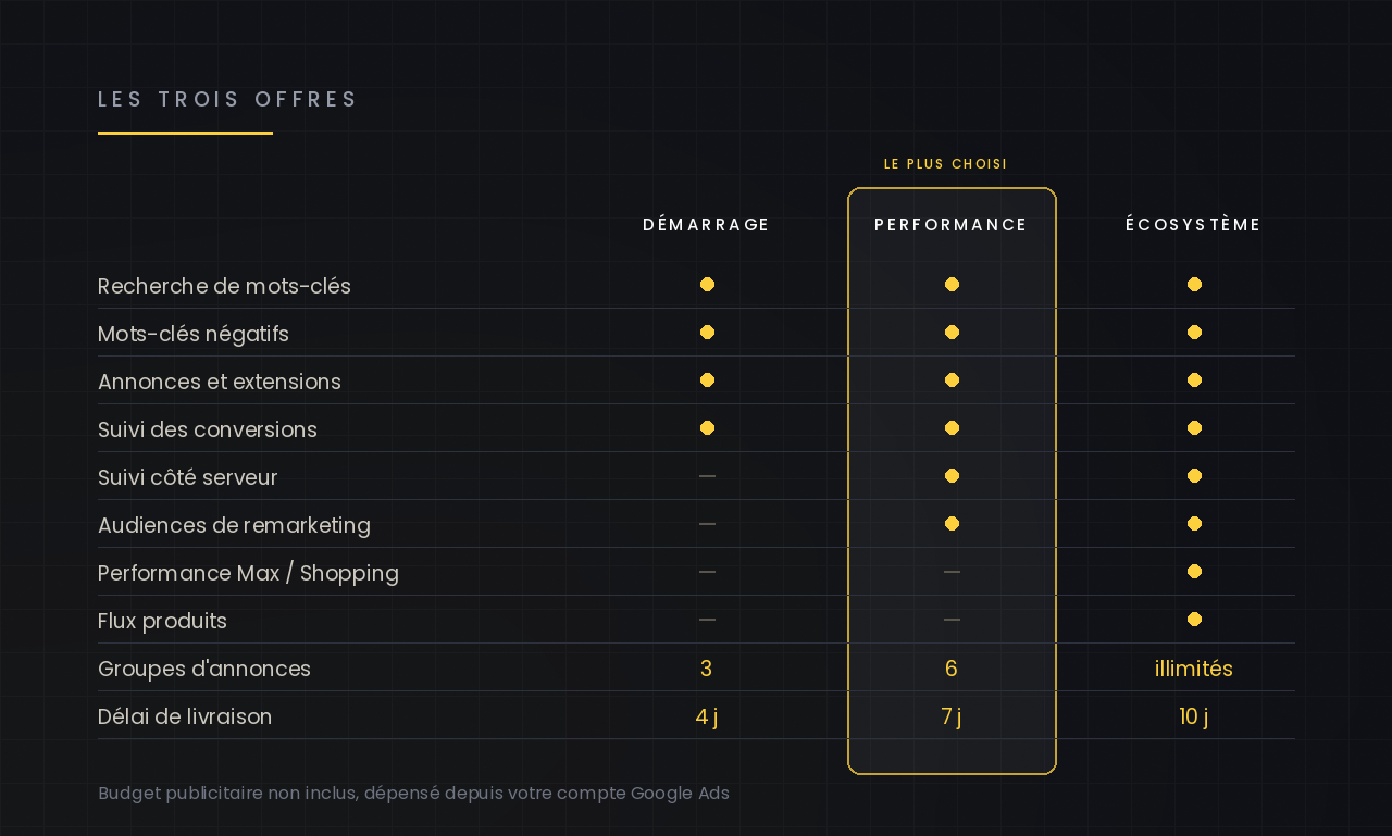 Les trois offres de campagne Google Ads